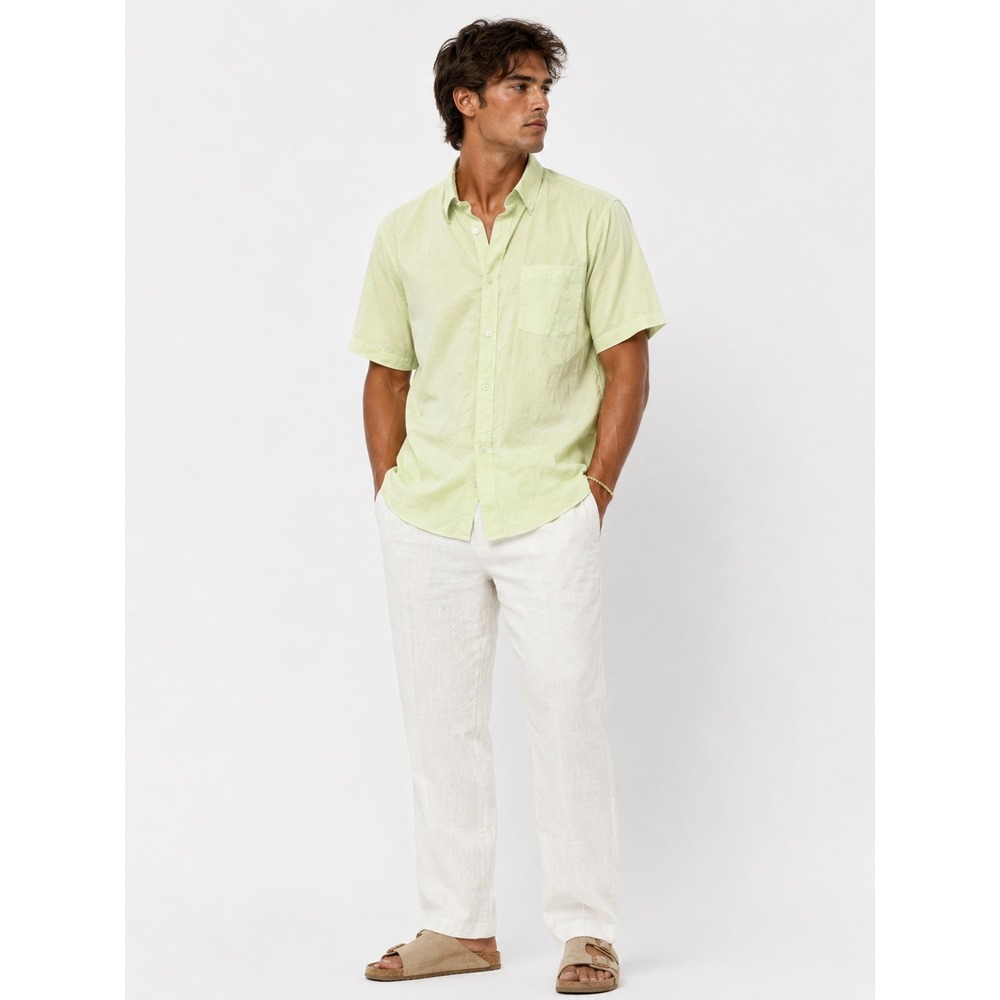 Perry Ellis Short Sleeve Button Down Shirt Lime Green White Striped XL